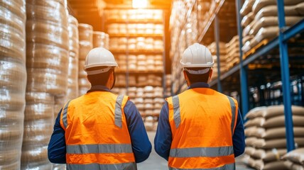 Fototapeta premium Workers in Orange Vests Overseeing Industrial Material Handling in Factory