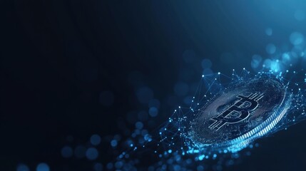A digital representation of a Bitcoin, surrounded by a blue glow and abstract particles, symbolizing cryptocurrency and blockchain technology.
