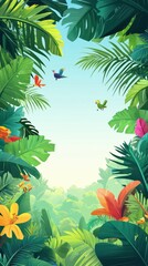 Obraz premium Lush Tropical Paradise Birds Flying Among Vibrant Greenery