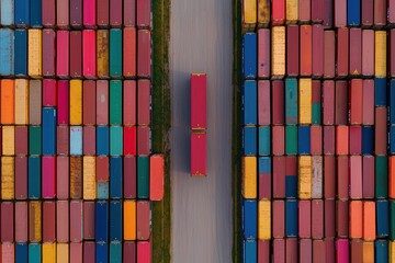 Fototapeta premium Stacked Containers in a Storage Yard with Vibrant Colors and Clear Pathway