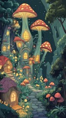 Obraz premium Enchanting Mushroom Village Nighttime Fantasy Scene