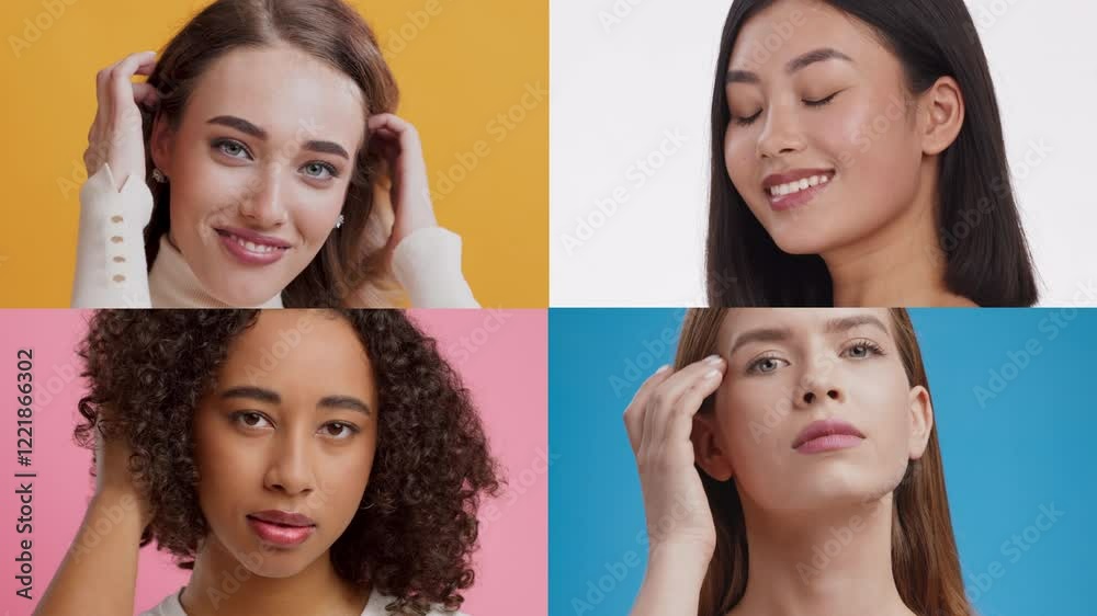 Poster Four women display a range of emotions against vibrant backgrounds. Each conveys feelings of bliss and reflection, embodying diversity and a shared experience of positivity.