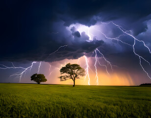 A powerful lightning bolt strikes across a dramatic sky, illuminating a solitary tree in a vast green field