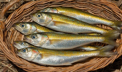 Fototapeta premium Freshly caught fish in a woven basket, ready for cooking or market
