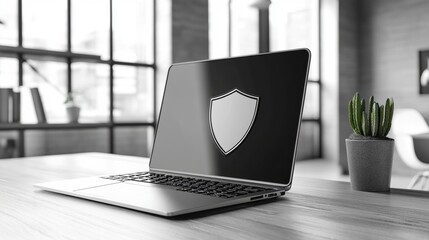 A sleek laptop sits on a desk with a shield icon displayed on its screen, suggesting themes of cybersecurity and protection in a modern workspace.