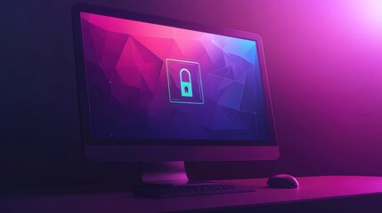 A modern desktop computer displays a digital padlock symbol, representing cybersecurity, with vibrant purple and pink lighting.
