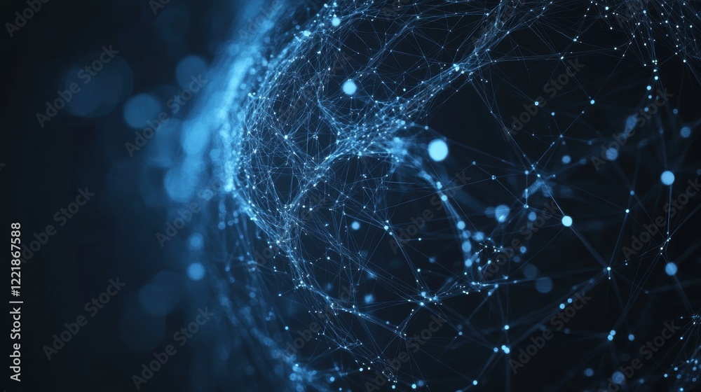 Poster a digital representation of interconnected nodes and lines, illustrating concepts of data, networks,