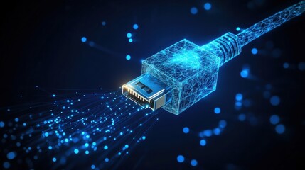 Naklejka premium A futuristic depiction of a glowing Ethernet cable with data flowing, symbolizing connectivity and digital communication.
