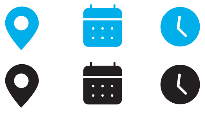 Address time date icons set. Address location icon. Stopwatch timer icon. Date Calendar icon.