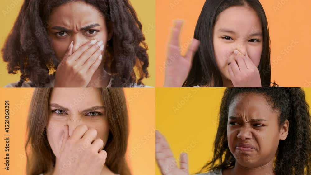 Poster four individuals showcase a range of emotions against vibrant backgrounds. each person displays uniq
