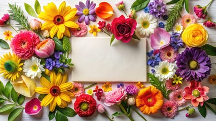 Obraz premium Creative Floral Layout for Spring Greeting Cards, Colorful Nature Background with Leaves and Flowers, Trendy Decorative Design for Floral Arrangements and Nature Concepts