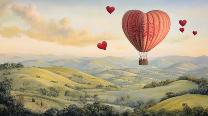 A whimsical Valentines Day hot air balloon ride, floating above rolling hills