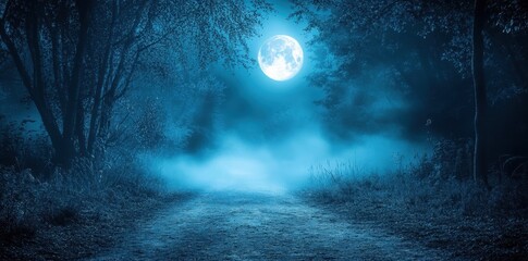 Fototapeta premium Moonlit Path Through a Misty Forest at Night