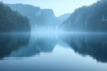 Fototapeta premium Misty morning over a serene lake surrounded by mountains and waterfalls at dawn