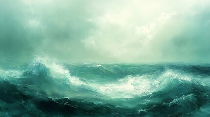 Fototapeta premium Turbulent teal ocean waves crash powerfully under a softly lit stormy sky. AI Generated