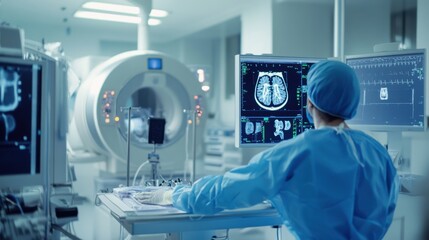 A biomedical technician calibrating a medical imaging device in a hospital, with imaging screens and medical equipment around, Hospital imaging room scene
