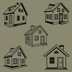 Simple Black and White House Illustrations on Olive Green Background