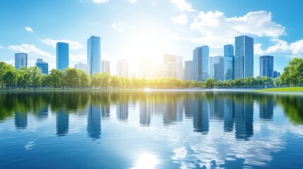 Obraz premium Modern City Skyline Reflected in Tranquil Water