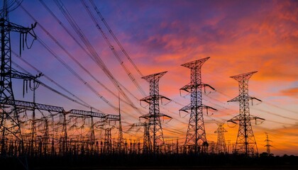 Electricity pylons at sunset. Vibrant colors.