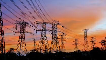 Silhouetted electricity pylons at sunset.