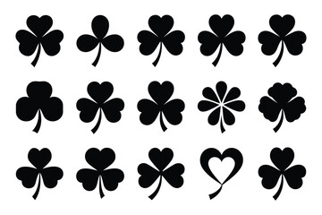 Black Silhouette Clover Vector Icons - Lucky Symbols and Decorative Designs for St. Patrick's Day