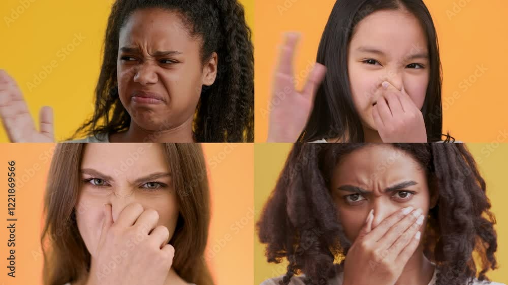 Poster A collection of four individuals displaying various emotions against bright yellow backgrounds. This multiracial and multiethnic group showcases diverse expressions and gestures.