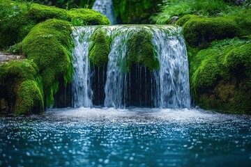 Obraz premium Enjoying the tranquil beauty of a small waterfall surrounded by lush green moss and clear blue water