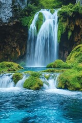 Majestic waterfall flowing into a serene turquoise pool surrounded by lush greenery