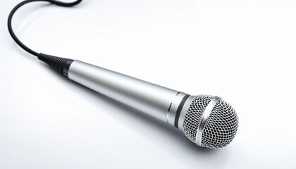 Sleek silver microphone on white background.