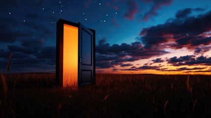 Mysterious Doorway to a Glowing Sunset Landscape