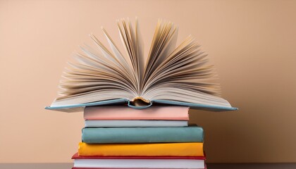 Fototapeta premium Open book on a stack of colorful books.