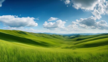 Fototapeta premium Serene rolling hills under a vibrant blue sky.