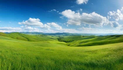 Obraz premium Rolling green hills under a vibrant blue sky.