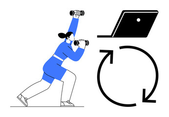 Woman lifting dumbbells, large arrows, and a laptop. Ideal for themes of fitness, digital wellness, productivity, routine, healthy lifestyle virtual training motivation. Engaging abstract line flat