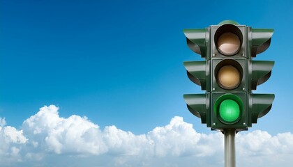 Green light on a traffic signal against a bright blue sky.