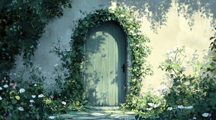 Green Door Framed by Lush Garden Foliage