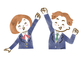 ガッツポーズをする制服（ブレザー）を着た中高生男女のイラスト