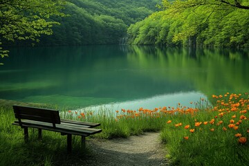 Tranquil lakeside setting with blooming flowers and a serene bench in a lush green forest