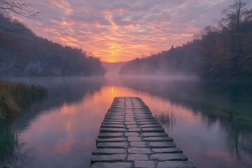 Stunning sunrise over tranquil lake with stone pathway leading into the water