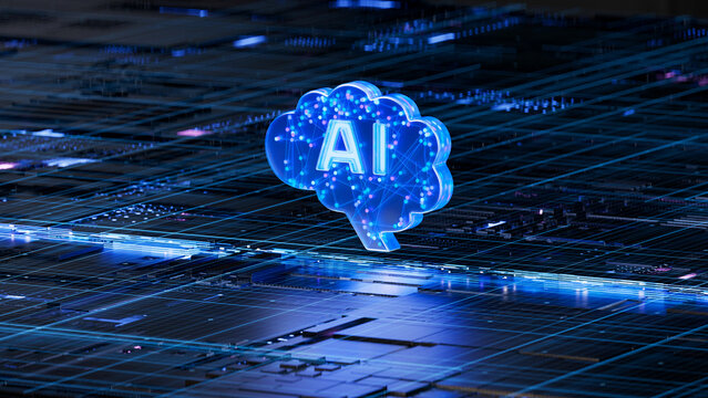 AI brain on circuit board symbolizes intelligence and technology integration. 3d rendering, conceptual image.