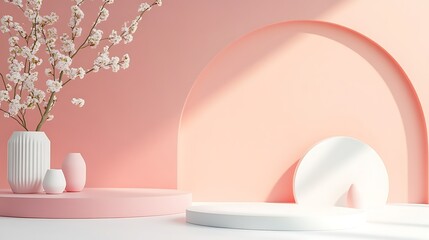 Fototapeta premium Pastel Pink Studio Scene with Cherry Blossoms and Display Platforms