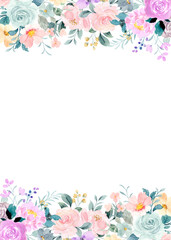 Watercolor flowers background for design. Floral border frame card template.