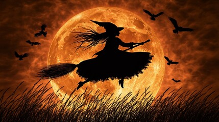 Silhouette of a Witch Flying on a Broomstick During Halloween Night