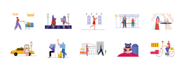Fototapeta premium Urban life set illustration. Flat vector illustration