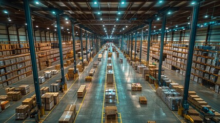 A large warehouse with rows of shelves and stacked cardboard boxes. AI generative. .