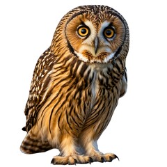 Fototapeta premium The Curious Owl: A captivating portrait of a brown owl with striking yellow eyes, perched on a white background, capturing its intelligent and curious gaze.