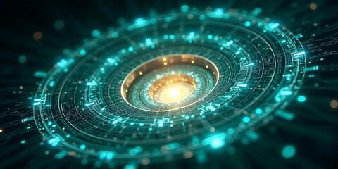 Abstract Futuristic Technology: Glowing Teal and Gold Digital Interface