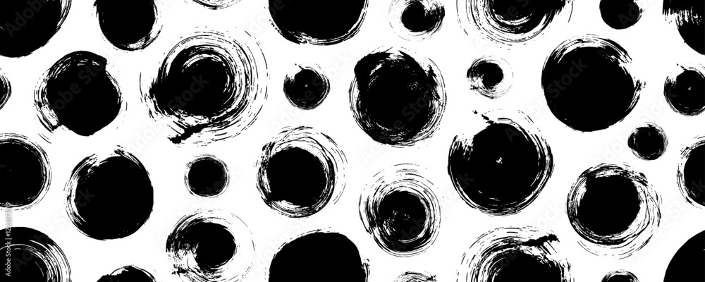 Aufkleber Abstract geometric seamless pattern with grunge dots and circles. Brush drawn bold circles seamless banner design. Vector grunge polka dot background. Creative funky basic geometric banner.
