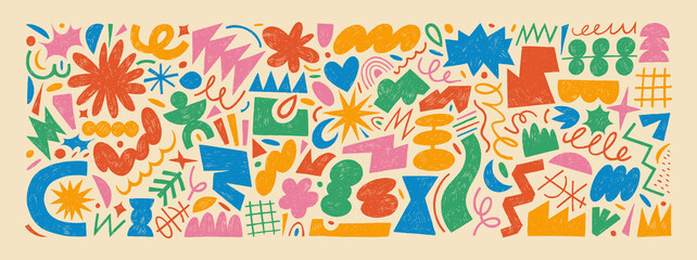 Collection of funky crayon drawn doodles, geometric shapes, naive lines and primitive figures. Hand drawn vector stickers, abstract forms with pencil texture. Cute squiggles, geometric shapes, stars.