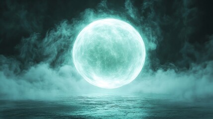 Glowing Orb Over Foggy Aquatic Landscape